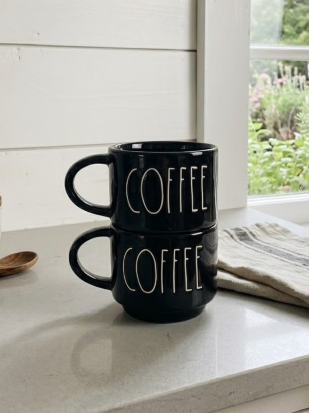 Rae Dunn Black Ceramic Large Stacking Coffee Mugs Heart COFFEE - Pair